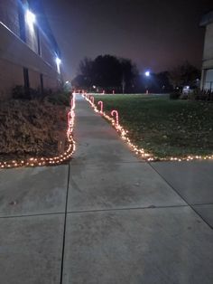 the sidewalk is decorated with christmas lights and pink bows on it's sides, along with grass