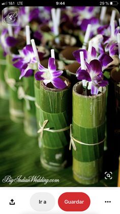 purple orchids are wrapped in bamboo sticks for centerpieces at a wedding reception