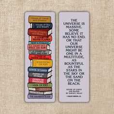 two bookmarks that have different types of books on them, one with the same quote