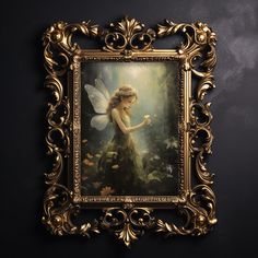 an ornate gold frame with a painting of a fairy holding a flower in her hand