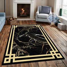 a living room area with a fireplace and black marble rug on the wooden flooring