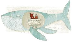 a drawing of a whale holding a cup with two foxes on it's back