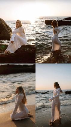 a woman sitting on top of a sandy beach next to the ocean wearing a white dress