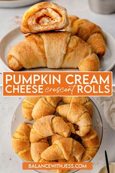 pumpkin cream cheesecake rolls on a plate with the title above it in orange and white