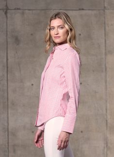 Introducing our stunning Raspberry Stripe shirt, crafted from the softest cottons in the world. The dreamy fabric is made with specially twisted yarns in the placed stripes, for an absolutely unique look and then peached to achieve a dreamy softness against the skin. Abound with thoughtful details such as faux mother-of-pearl flat buttons and our signature, fully-fashioned European flare cuff. A gorgeous and versatile day piece, it can be dressed up or down. • Modern Fit• 100% Cotton• Spread Col Elegant Striped Cotton Blouse, Striped Fitted Blouse For Daywear, Fitted Striped Blouse For Daywear, Fitted Dress Shirts, Fully Fashioned, Stripe Shirt, Wide Cuff, Fit Dress, Modern Fit