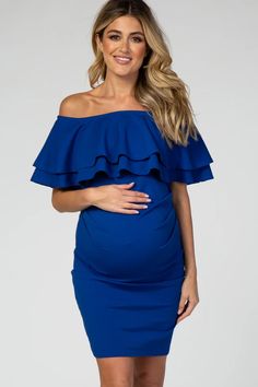 Royal Blue Off Shoulder Ruched Maternity Dress – PinkBlush Spring Party Maternity Dress With Ruched Details, Fitted Off-shoulder Maternity Dress, Fitted Maternity Dress With Ruffles, Chic Fitted Off-shoulder Maternity Dress, Fitted Ruffle Maternity Dress, Fitted Ruffled Maternity Dress, Elegant Fitted Maternity Dress With Ruffles, Chic Off-shoulder Maternity Dress, Fitted Blue Maternity Dress With Ruffles