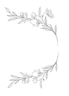 the outline of a branch with leaves and flowers on it, drawn by hand in black ink