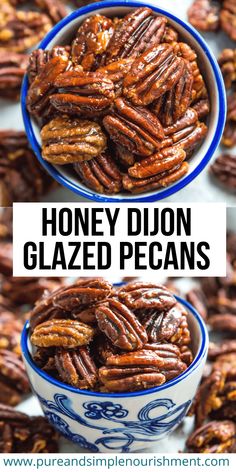 honey dijon glazed pecans in a blue and white bowl with text overlay