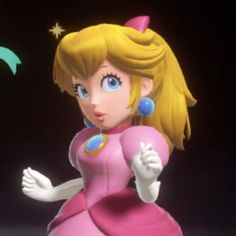 the princess peach from mario kart is standing in front of an arrow and pointing at something