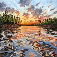 an oil painting of the sun setting over water