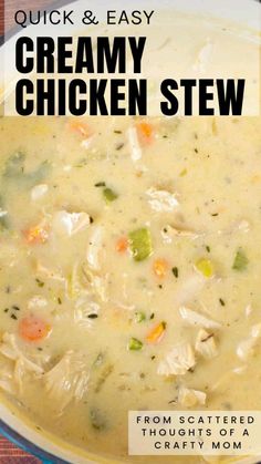 creamy chicken stew in a blue bowl with text overlay