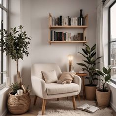 a living room filled with furniture and bookshelves next to a window covered in plants