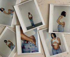 six polaroid photos of a pregnant woman in blue jeans and white tank top with her hands on her stomach