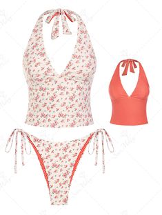 Seamolly Double-Sided Ditsy Floral And Polka Dots Printed Halter Tie Side Tankini Set Greece Inspired Bikinis, Outer Banks Bathing Suits, Women’s Swim Suits, Swimdress Cute, Cute Tankini Bathing Suits, 2000s Bathing Suits, Cute Swimsuit Aesthetic, 2000s Swimsuit, Bathing Suit For Body Type