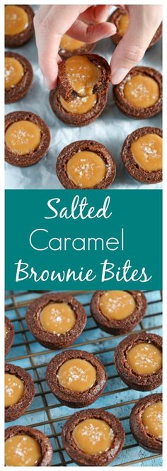 salted caramel brownie bites on a cooling rack with the words salted caramel brownie bites above them