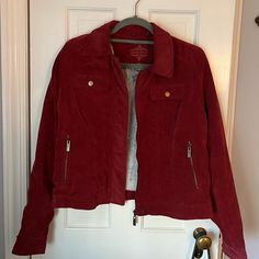 Dark Red Fur Lined Corduroy Jacket. Never Worn, In Perfect Conditions. Winter Red Outerwear With Corduroy Collar, Red Corduroy Winter Outerwear, Red Corduroy Jacket, Red Fur, Corduroy Jacket, Zip Up Jacket, Faux Fur Jacket, Dark Red, Lady In Red