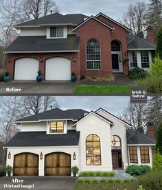 before and after shots of a house with garage doors