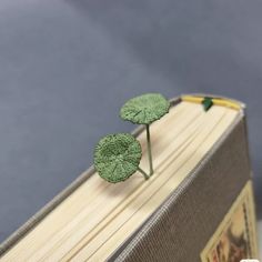 a book with two small green leaves on it