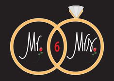 two wedding rings with the words mr and mrs written on them in white lettering, against a black background