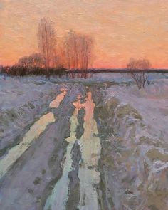 an oil painting of a snowy road with trees in the distance and sunset on the horizon