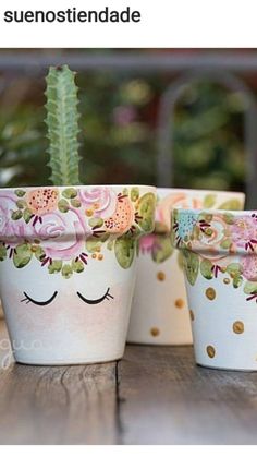 three flower pots sitting on top of a wooden table