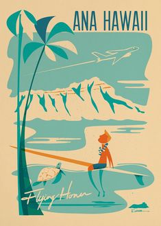 a poster with a woman carrying a surfboard on the beach