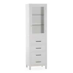 a tall white cabinet with drawers and shelves