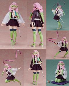 four different shots of a doll with pink hair and green clothes, holding a wand