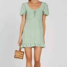 Brand New! There’s A Mark On The Dress From Shipping As Pictured Green Mini Dress For Picnic, Casual Green Mini Dress For Picnic, Marigold Dress, Pink Gingham Dress, Polka Dot Shirt Dress, Daphne Dress, White Wrap Dress, Tie Dye Mini Dress, Brand Dresses