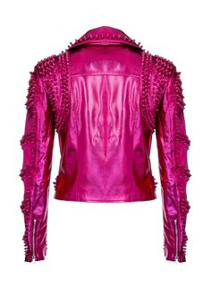 Take the past to the present with this pink metallic moto jacket! This faux leather piece features a pink metallic base, tonal spike studded detailing, silver hardware, a lapel collar, long sleeves and a zip front design. Complete with slant side zipper pockets, an adjustable studded waist belt, satin inner lining, and a faux front flap pocket. Available in sizes S, M, L and XL. Made out of 100% polyurethane (self) and 100% polyester (lining). Bring effortless edge to your style with this flawle