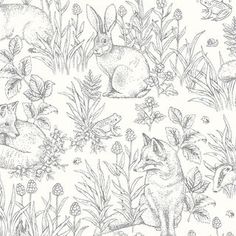 a drawing of rabbits in the grass with flowers and plants around them on a white background