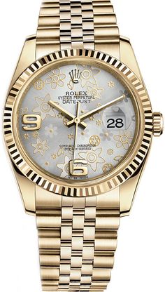 116238 | M116238-0082 ROLEX OYSTER PERPETUAL DATEJUST 36 WOMEN'S LUXURY WATCH Usually ships within 3 months | View In Stock Rolex Watches - Free Overnight Shipping - With Manufacturer Serial Numbers - Swiss Made - Silver Dial with Floral Motif - 48 Hour Power Reserve - Self-winding Automatic Chronometer Movement - Rolex Caliber 3135 - Vibrations Per Hour: 28,800 - Jewels: 31 - 6 Year Warranty - Guaranteed Authentic - Certificate of Authenticity - Manufacturer Box & Manual - Polished with Brushed Solid 18k Yellow Gold Case & Jubilee Bracelet - Scratch Resistant Sapphire Crystal - 100 Meters / 330 Feet Waterproof - 36mm = 1 1/3" Case, 6" Adjustable Bracelet - Screw Down Crown & Case Back - Deployment Buckle - Free Bracelet Sizing     Also Known As Model # 116238-SLVFJ Rolex Oyster Perpetual Datejust, Silver Pocket Watch, Oyster Perpetual Datejust, Swiss Army Watches, Womens Watches Luxury, Rolex Watch, Rolex Oyster Perpetual, Rolex Oyster, Seiko Watches