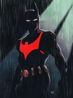 the animated batman is standing in the rain