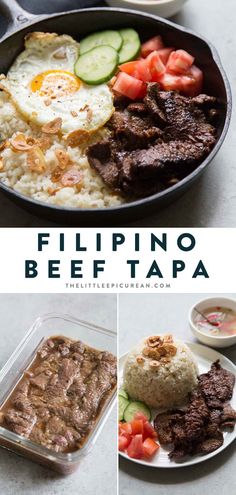 a collage of photos showing different types of food including rice, meat and vegetables