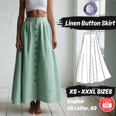 the linen button skirt sewing pattern is available for all sizes and styles, including long skirts