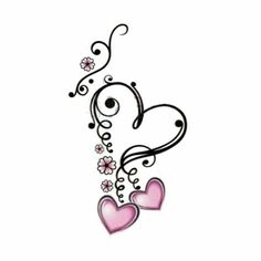 two hearts with swirls and flowers tattoo design on the left side of the stomach