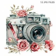 an old camera with flowers on it and the words 12 jpg files written below