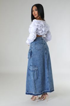 Ovella Skirt – GitiOnline Button Jean Skirt Outfit, Cargo Jeans Skirt, Modest Baddie, Jeans Skirt Outfit, Successful Women Style, Jean Maxi Skirt, Stylish Denim Skirt, Cargo Skirts, Denim Aesthetic