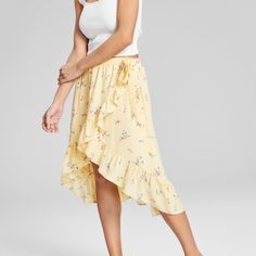 Women's Ruffled High-Low Midi Skirt In Sunbeam Floral Spring Tiered Wrap Skirt, Spring Ruffled Wrap Skirt, Spring Tiered Wrap Skirt For Day Out, Spring Ruffled Wrap Skirt For Day Out, Spring Wrap Skirt With Ruffles For Day Out, Yellow Asymmetrical Skirt For Spring, Casual Spring Wrap Skirt With Ruffles, Khaki Pencil Skirt, Silk Mini Skirt