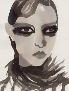 a watercolor painting of a woman's face with black and white eyeshades