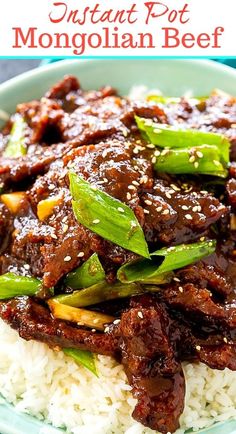 beef and asparagus on top of white rice in a blue bowl with text overlay