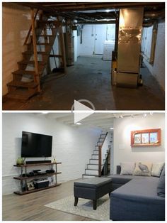 before and after photos of an unfinished basement with stairs leading up to the second floor