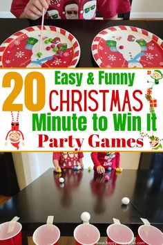 two children sitting at a table with paper plates and cups in front of them that says 20 easy & funny christmas minute to win it party games