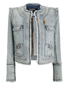 Balmain Frayed Collarless Denim Jacket in blue | INTERMIX® Chloe 2024, Balmain Denim, Collarless Denim Jacket, Designer Jeans For Women, Collarless Jacket, Ribbed Mini Dress, Acid Wash Denim, Silk Camisole, Printed Denim