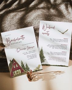 two wedding cards sitting on top of a bed next to each other with the words weekend events written on them