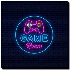 a neon sign that says game room with a video game controller in the center on a dark brick wall