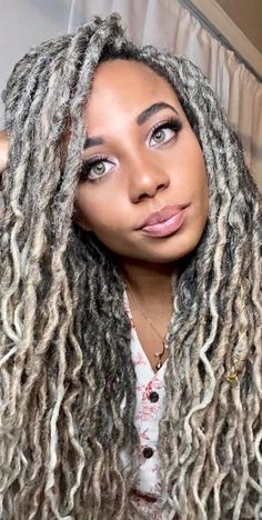 Platinum Locs Black Women, Salt And Pepper Faux Locs, Platinum Dreads, Locs With Gray Roots, Black And Grey Locs, Platinum Locs, Quirky Hairstyles, Gray Dreads Black Women, Grey Faux Locs Black Women