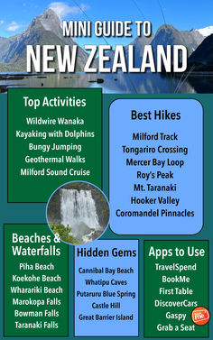 Boxed lists of activities around New Zealand with mountains and waterfalls New Zealand Backpacking, Nee Zealand, Hiking New Zealand, Nz South Island, New Zealand Itinerary, North Island New Zealand, New Zealand Adventure, Nz Travel