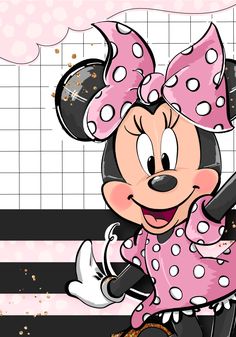 a cartoon minnie mouse holding a knife in her right hand and wearing a pink polka dot dress