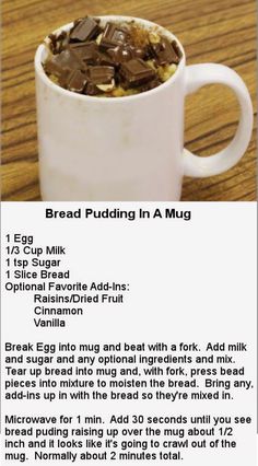 Bread Pudding In A Mug Recipe, Mug Bread Pudding, Mug Bread Pudding Microwave, Bread Pudding In A Mug, Microwave Bread Pudding, Pudding In A Mug, Microwave Desserts, Mug Dessert Recipes, Microwave Mug Recipes